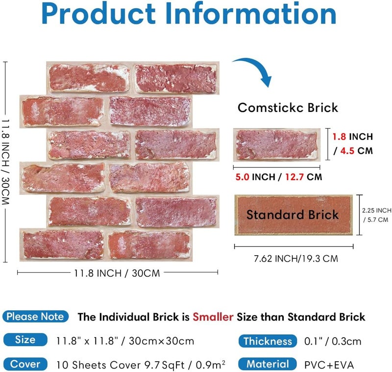 COMSTICKC 3D Red Brick Wall Panel, Peel and Stick Brick Panels, 10 Pcs of 11.8"X11.8" Small Size Thin PVC Faux Brick Self Adhesive Fake Brick Backsplash Kitchen Living Room, Paintable - Image 5